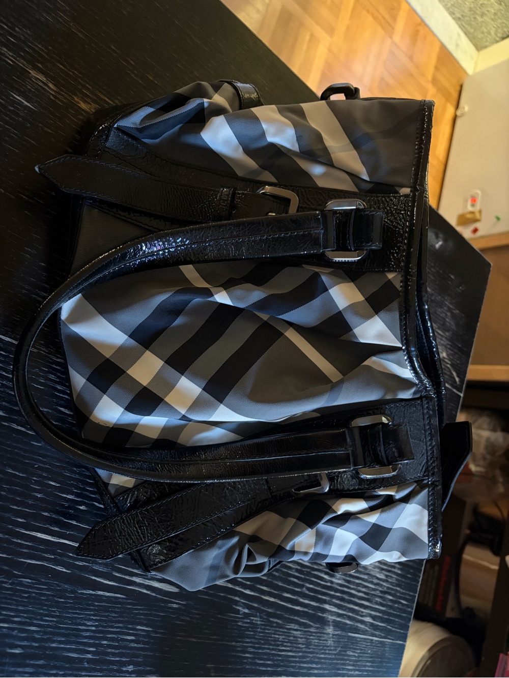 Burberry Black and Gray Plaid handbag Bag with removable shoulder